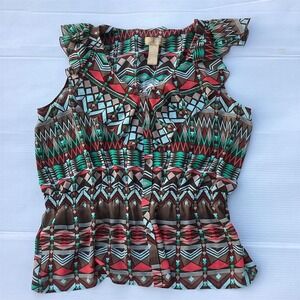 Miss Tina Women's Multicolor Geometric Smock Waist Sleeveless Blouse Size XXL